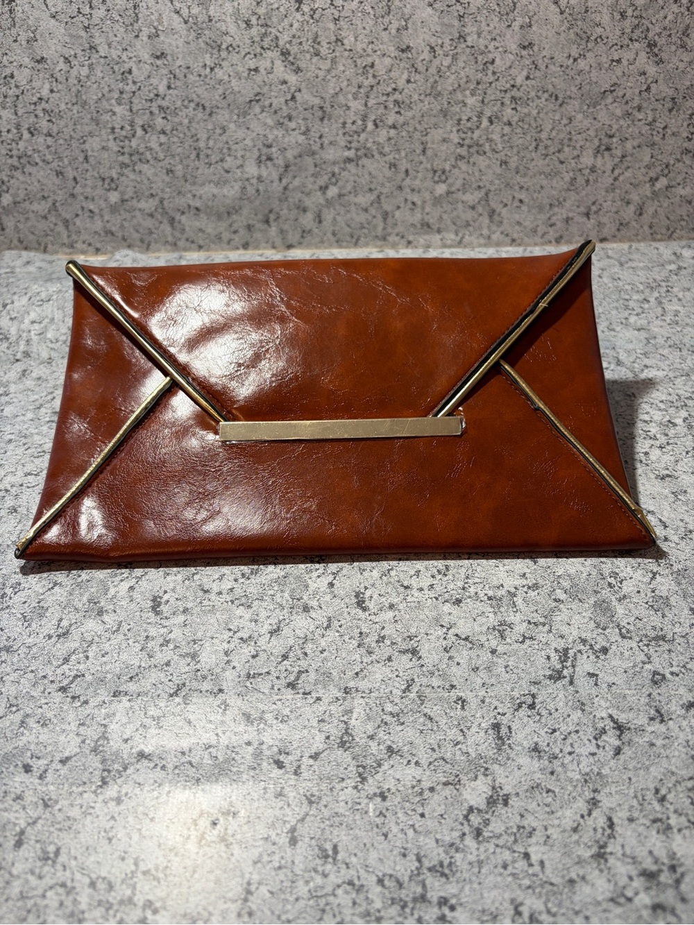 Vintage Inspired Brown Faux Leather Envelope Clutch Purse with Gold Metal Trim